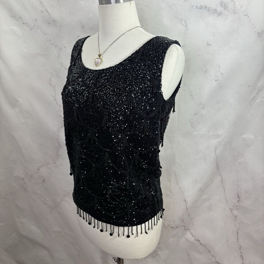 Vintage 60s Flapper Black Shiny Beaded Blouse Top Fringe Sequins Silk M Glam - Picture 10 of 16